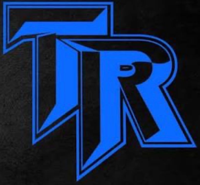Blue stylized TR logo with angular geometric design on black background