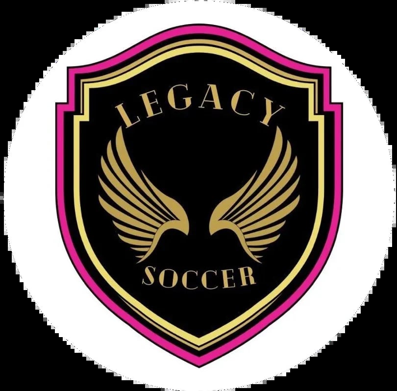 Legacy Soccer emblem with gold wings and text on black shield with pink and gold border