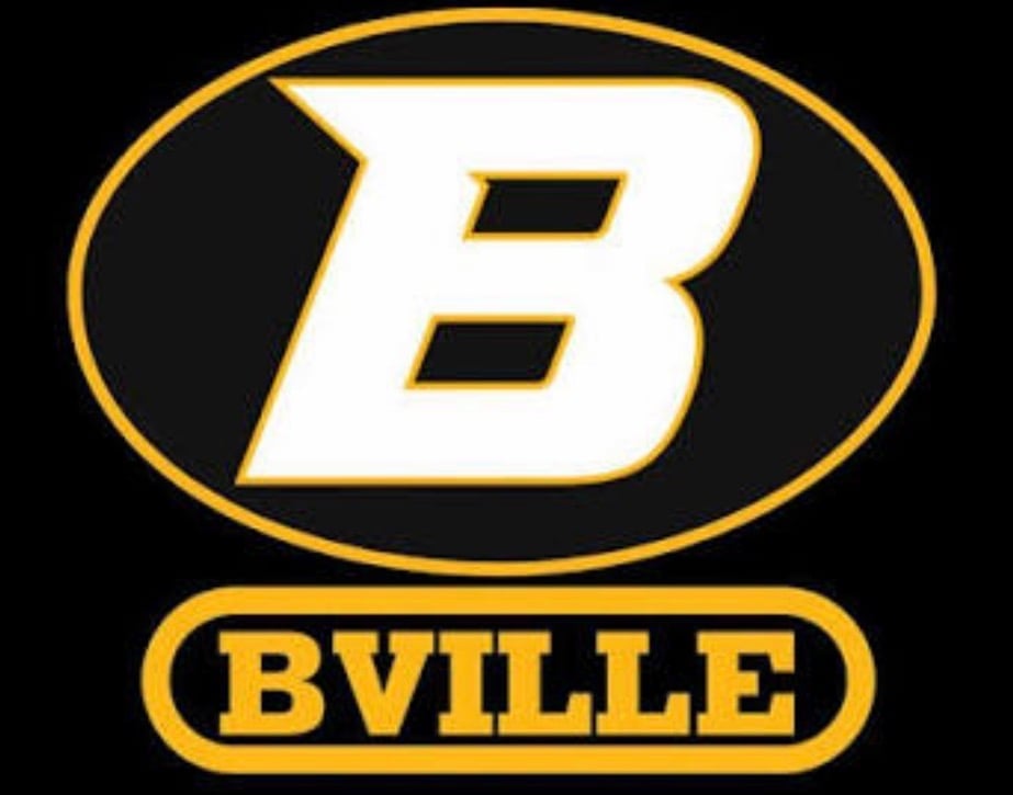 Bville school logo featuring white B on black oval background with gold outline and text banner below
