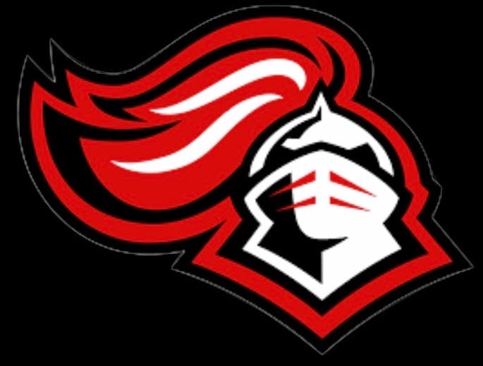 Red and white logo of a knights head with flowing red hair and cape on black background